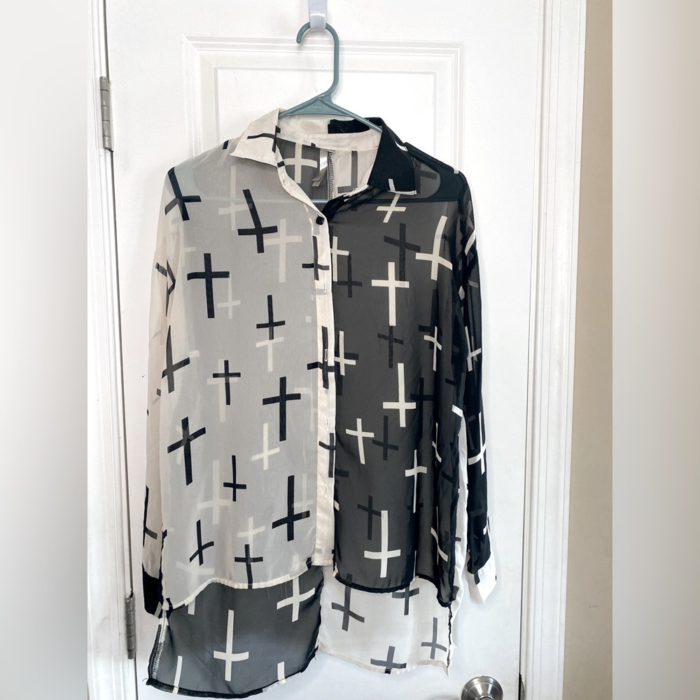 Mona B sheer button up, black and off white cross pattern